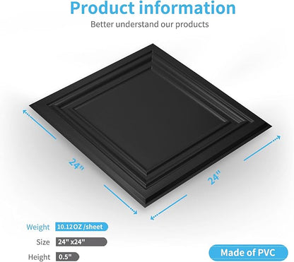 Art3d PVC Ceiling Tiles, 3D Plastic Sheet in Black, 2 x 2 ft, 12-Pack | Lightweight, Waterproof, No Sag and Breakage, Compatible with Grid System, Perfect for Basement, Kitchen