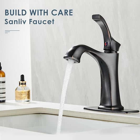 Oil Rubbed Bronze Bathroom Faucet, Sanliv Single Handle Centerset Bathroom Sink Faucet with Pop-Up Drain & Deck Plate for 1 or 3-Hole (4 inch) Installation, Bronze Vanity Faucet, ORB