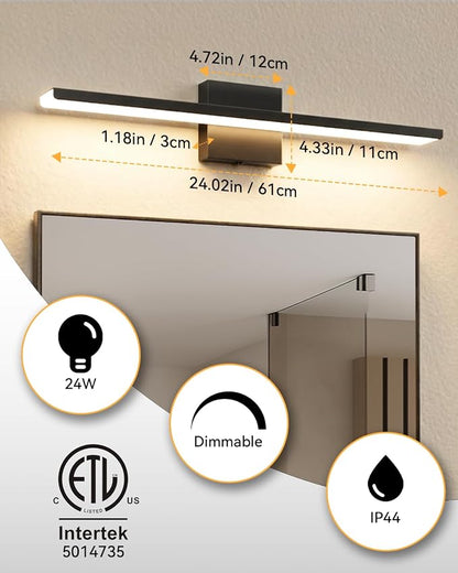 Modern LED Bathroom Light Fixtures,24inch (24.02'') 24W,2300 Lumen Dimmable Bathroom Vanity Lights Over Mirror,5CCT Black Vanity Lights for Bathroom Powder Room Washroom Restroom, ETL Certified