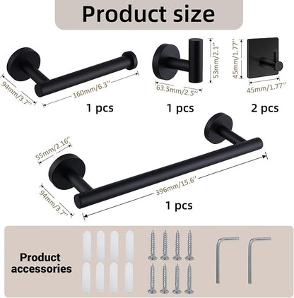 5-Pieces Bathroom Hardware Set, SUS304 Stainless Steel Towel Rack Set, 16" Hand Towel Rack, Toilet Paper Rack, 3 Bathrobe Towel Hooks, Bathroom Accessories, Towel Rack Set(Matte Black)