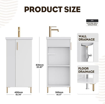 16 Inch White Pre-Assembled Bathroom Vanity Fit for Small Space, Bathroom Vanity with Ceramic Sink,Soft Close Door, Left Side Storage,Compact Modern Design,No Faucet,BV05-16-WHITE-PLUS-0128