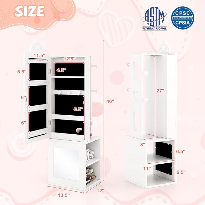 HONEY JOY Kids Jewelry Armoire Cabinet, Wooden Standing Jewelry Organizer w/Full-length Mirror and Garment Rack, 2 Tier Storage Shelves, Children Dress Up Jewelry Cabinet for Little Girls (White)