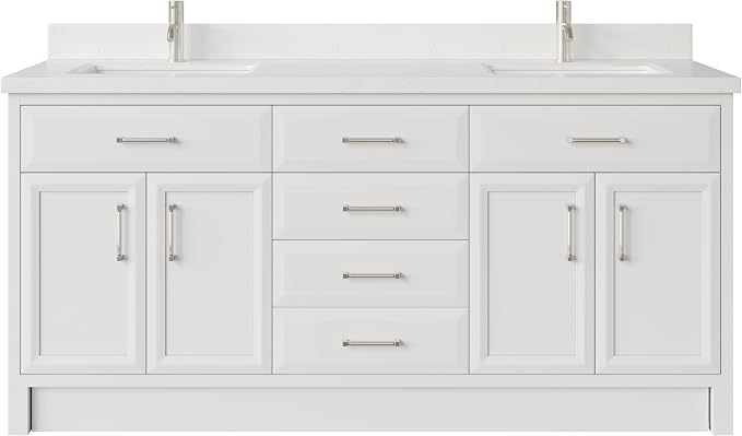 Capri III 72" Double Sink Bathroom Vanity With Stealth Organizer, Solid Wood Bathroom Cabinet with Engineered Stone Countertop & Backspalsh, Soft Closing Door & Drawer, Pre-Assembled, White