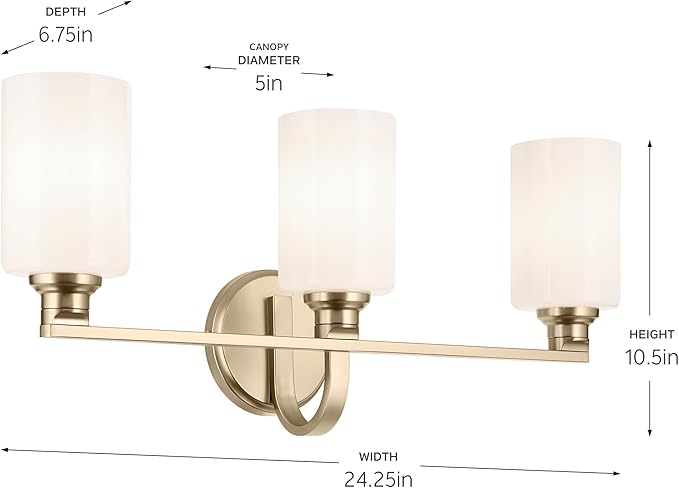 Kichler Gioe 24.25" 3-Light Vanity Light with Opal Glass in Champagne Bronze, Damp Rated, for Bathroom, Powder Room, Over a Mirror, (24.25" W x 10.5" H), 55226CPZ