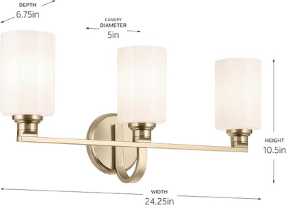 Kichler Gioe 24.25" 3-Light Vanity Light with Opal Glass in Champagne Bronze, Damp Rated, for Bathroom, Powder Room, Over a Mirror, (24.25" W x 10.5" H), 55226CPZ