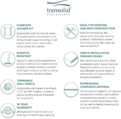Transolid Expressions 3-Panel Shower Wall Kit | 36×60×72-in | White | Easy Install Alcove Surround