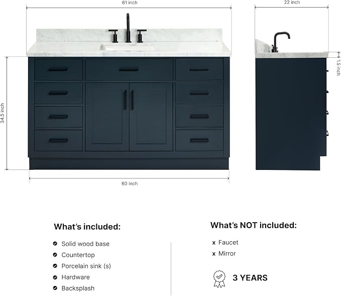 ARIEL Hepburn 60-inch Bathroom Vanity with Sink,Solid Wood, 1.5-inch Italian Carrara Marble Countertop, Single Rectangular Porcelain Sink, 2 Soft Closing Doors, 9 Dovetail Drawers, Midnight Blue