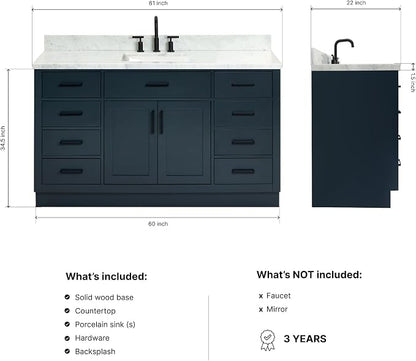 ARIEL Hepburn 60-inch Bathroom Vanity with Sink,Solid Wood, 1.5-inch Italian Carrara Marble Countertop, Single Rectangular Porcelain Sink, 2 Soft Closing Doors, 9 Dovetail Drawers, Midnight Blue