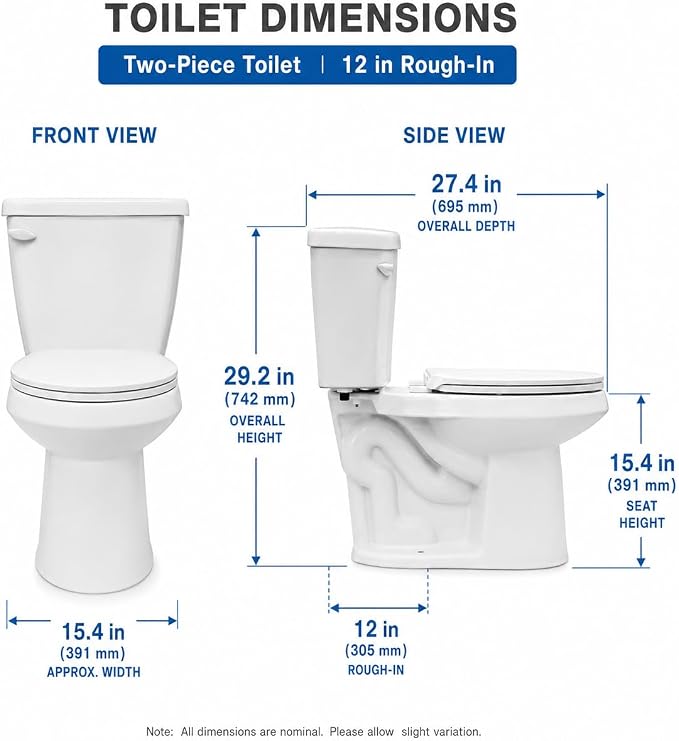Compact 15.4 Inch Elongated Two Piece Toilet, Side Flush White Ceramic Bathroom Toilet with Soft Close Seat, 1.28 GPF Siphonic Flush, cUPC Certified, 12 Inch Rough-In