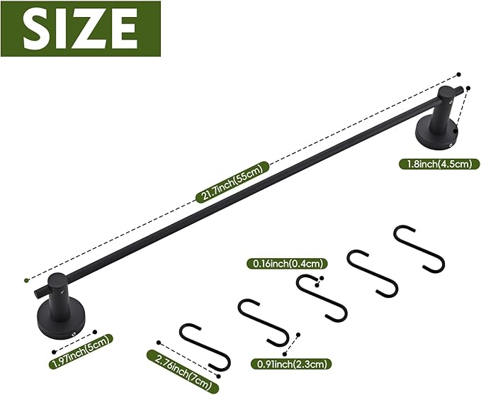 22 Inch Bathroom Towel Rack with 5 Hooks for Hanging Items Wall Mounted Hangers for Kitchen Bathroom and Bedroom Wall (Black) YIGUANXIN