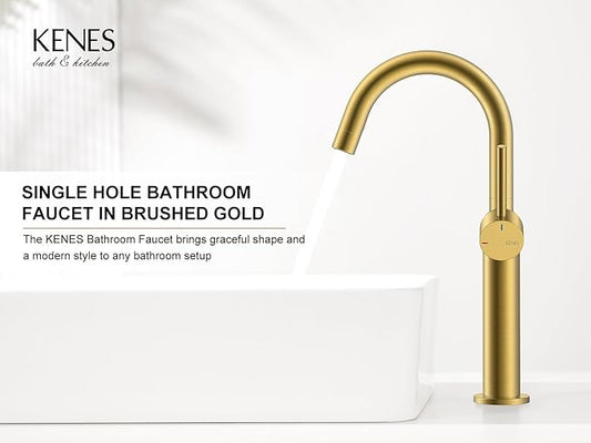 KENES Brushed Gold Tall Bathroom Faucet, Single Handle Vessel Sink Faucet Single Hole, Modern Bathroom Vanity Faucet with Pop Up Drain and Supply Lines, KE-9005C-4