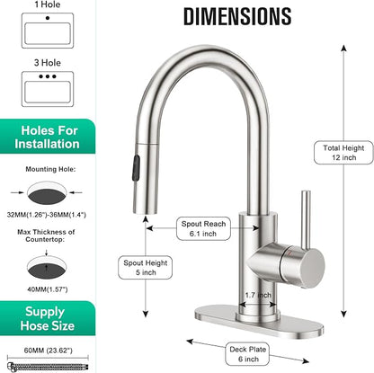 CREA Bathroom Faucet with Pull Out Sprayer,Brushed Nickel Single Handle Kitchen Bar Faucets for Mini Sink Pull Down Vanity Mixer Tap 2 Water Modes,cUPC/NSF