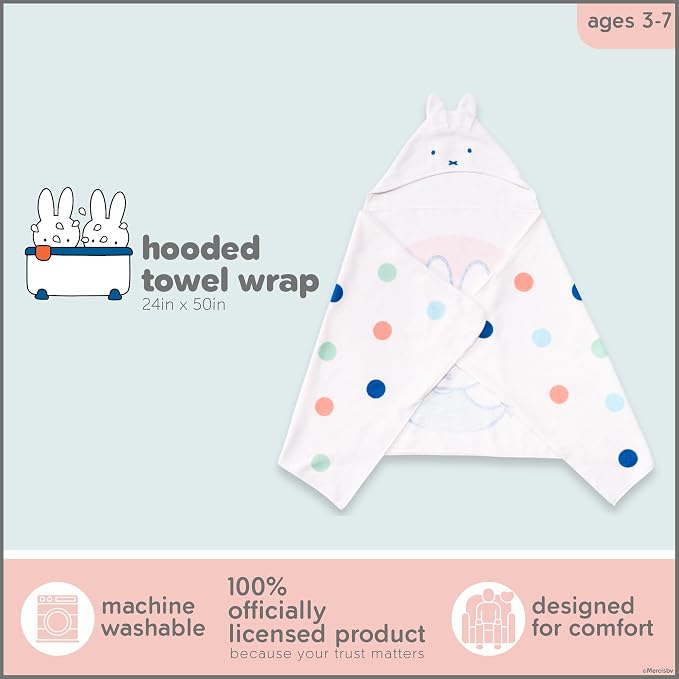 Miffy Kids Super Soft Bath/Pool/Beach Soft Cotton Terry Hooded Towel Wrap, 24 in x 50 in (Officially Licensed Product) By Franco