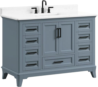 48" Bathroom Vanity with Sink, Fully Assembled, Steel Blue | Solid Wood Bathroom Vanities Set with Quartz Countertop, 2 Soft Close Doors & 7 Full Extension Dovetail Drawers
