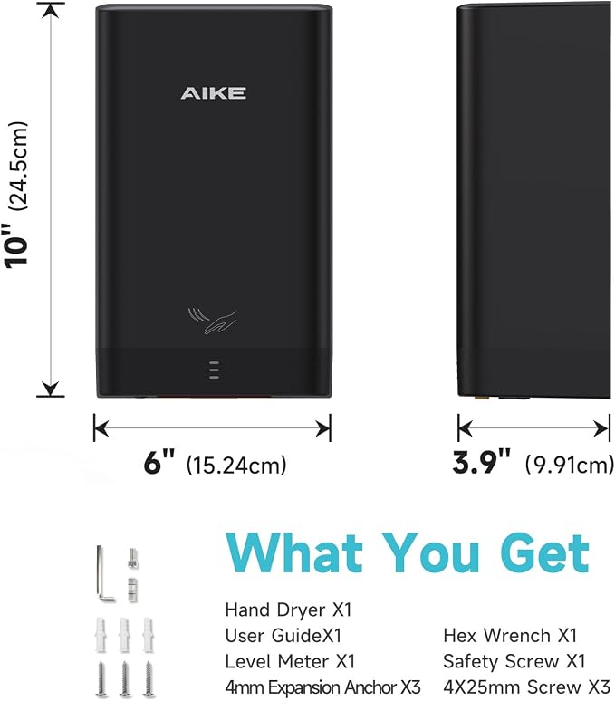 AIKE Compact Hand Dryer for Bathroom, ABS Polycarbonate 110V Black,AK2822 | High Speed Slim Blade Hand Dryer,Plug-in Easy Install and Compact Design,Smart Warm for Home Bathroom,No Paper Waste and Cost