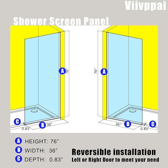 Shower Screen 36" x 76" Shower Wall Panel Matte Black | Tempered Glass 3/8 inch, Half Frameless Shower Wall Panel, Easy to clean Coating, Fixed Glass Shower Door With Hardware