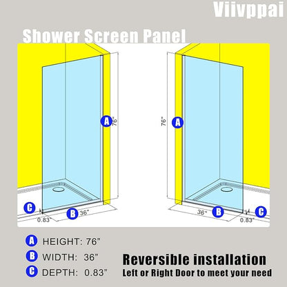 Shower Screen 36" x 76" Shower Wall Panel Brushed Gold | Tempered Glass 3/8 inch, Half Frameless Shower Wall Panel, Easy to clean Coating, Fixed Glass Shower Door With Hardware