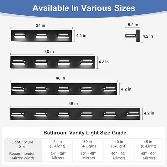 LED Modern Bathroom Light Fixtures, 6-Light 48-Inch Matte Black Vanity Lights for Bathroom Lighting Fixtures Over Mirror, 350° Rotatable Acrylic, 6000K Cool White Wall Lamp