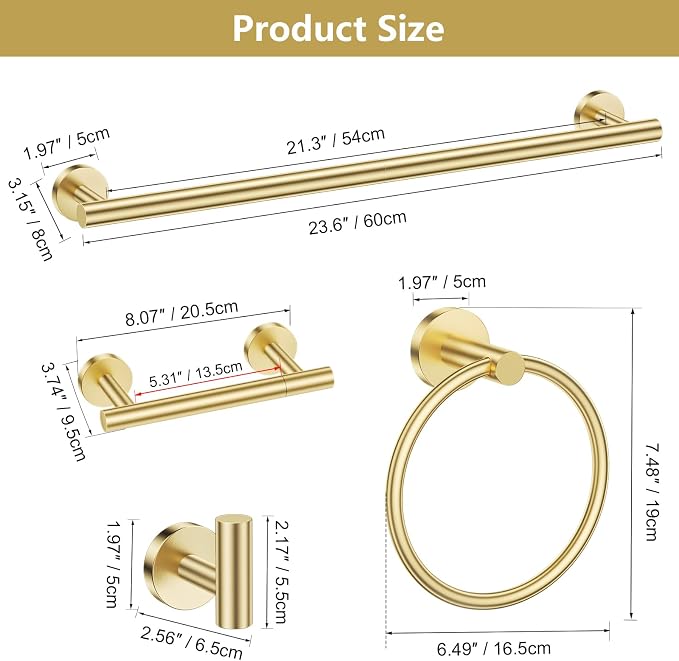 TQKAG Brushed Gold Bathroom Accessories, 5 Piece Towel Racks for Bathroom | 23.6" Bathroom Hardware Set, SUS304 Stainless Steel, Double Post Pivoting, Towel Hooks, Toilet Paper Holder Set Wall Mounted