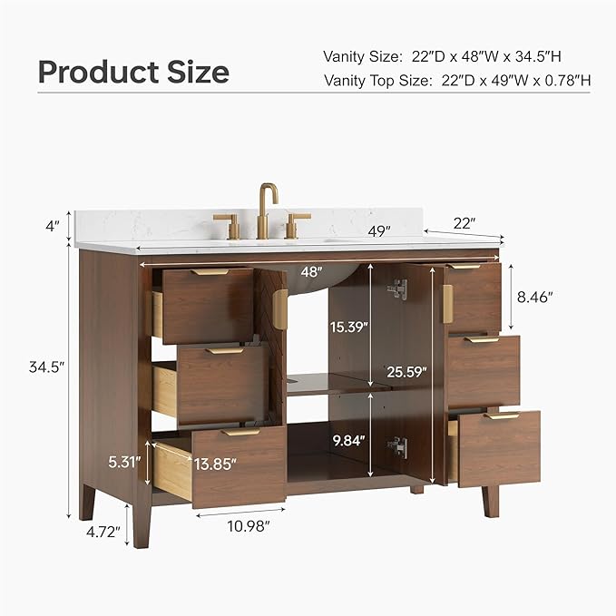 48 Inch Bathroom Vanity with Sink, No Assembly Required Single Sink Bathroom Vanity with Soft Close Doors & Dovetail Drawers, Solid Wood Bathroom Vanities, Engineered Stone Top, Walnut