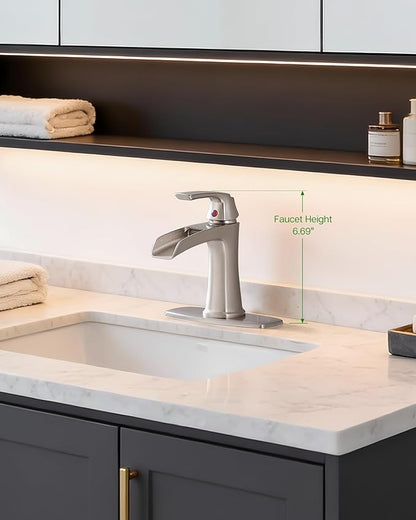 Fapully Bathroom Faucets Brushed Nickel, Modern Waterfall Bathroom Sink Faucet with Single Handle for 1 or 3 Holes, Vanity Faucet with Deck Plate and Drain