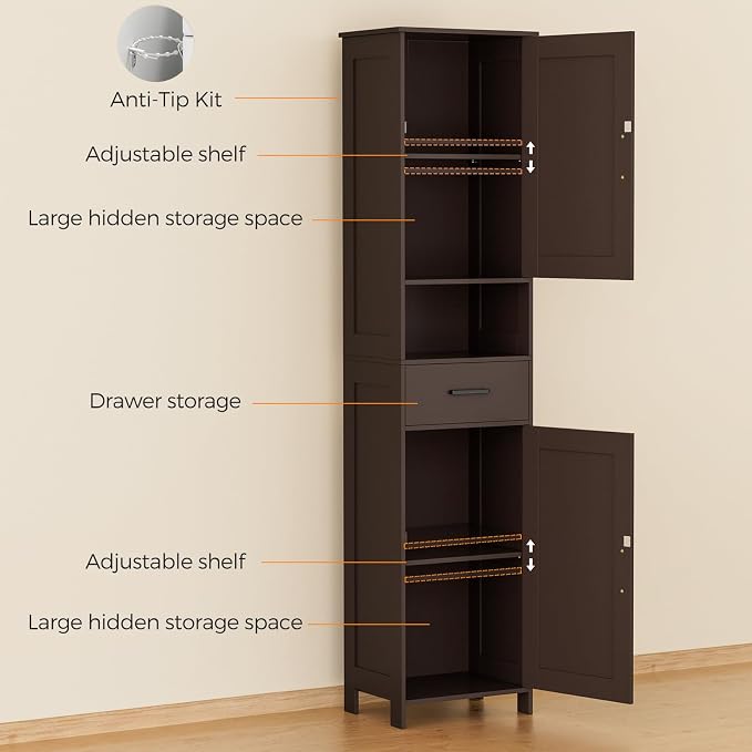 Homhedy 67" H Tall Bathroom Storage Cabinet with Barn Doors and Drawer | Narrow Storage Unit with Adjustable Shelves, Floor Cabinet for Bathroom, Living Room, Entryway or Kitchen, Brown, 15.7" W