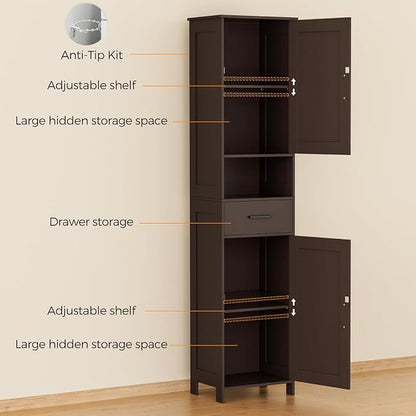 Homhedy 67" H Tall Bathroom Storage Cabinet with Barn Doors and Drawer | Narrow Storage Unit with Adjustable Shelves, Floor Cabinet for Bathroom, Living Room, Entryway or Kitchen, Brown, 15.7" W