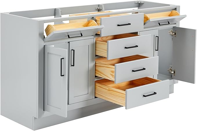 ARIEL Hepburn 66-inch Bathroom Vanity Base Cabinet,Solid Wood, 4 Soft Closing Doors, 6 Dovetail Drawers, Grey