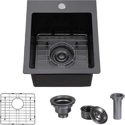 VAPSINT 13x15 Inch Black Drop In Bar Sink, Single Bowl Top Mount Handmade Gunmetal Black Wet Bar Prep RV Sink, 16 Guage Stainless Steel Outdoor Small Kitchen Sinks with Grid & Drain Strainer