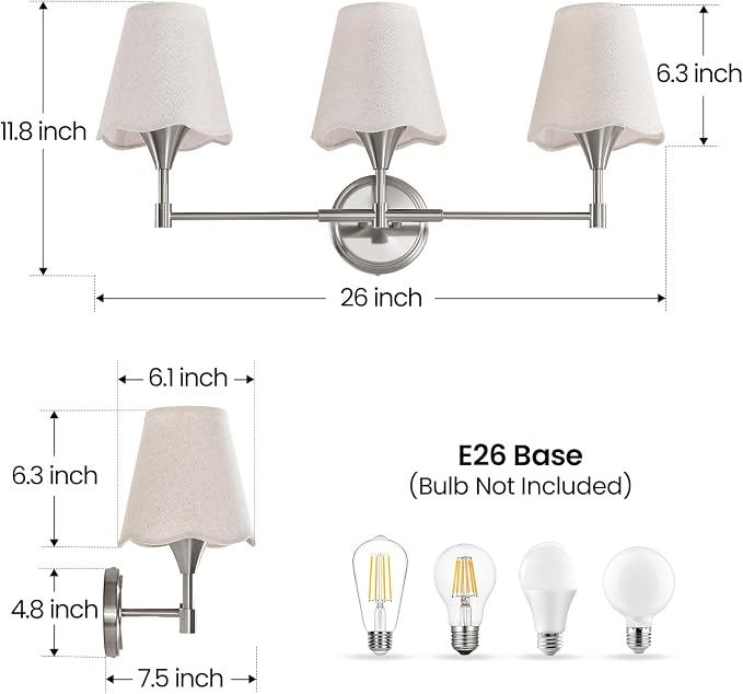 Brushed Nickel Bathroom Vanity Light: 3 Light Vanity Lighting Fixtures with Flared Fabric Shade, Modern Bathroom Lighting Fixtures over Mirror, Wall Sconce Lights for Bedroom Hallway Living Room