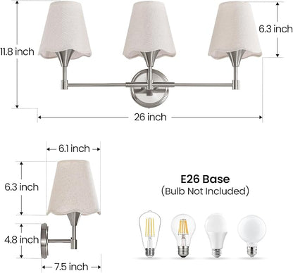 Brushed Nickel Bathroom Vanity Light: 3 Light Vanity Lighting Fixtures with Flared Fabric Shade, Modern Bathroom Lighting Fixtures over Mirror, Wall Sconce Lights for Bedroom Hallway Living Room