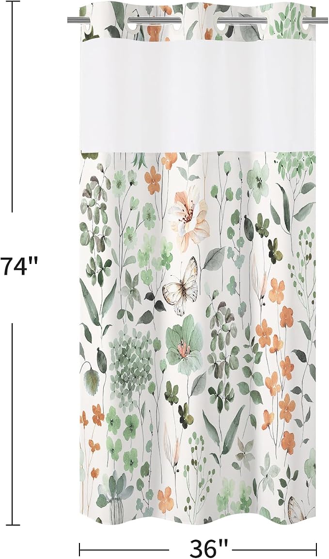 No Hook Sage Green Watercolor Floral Shower Curtain and Liner Set, 36x74 | Spring Flower Shower Curtains with Snap-in Liner for Farmhouse Bathroom Decor, Botanical Bathroom Curtain with Leaves
