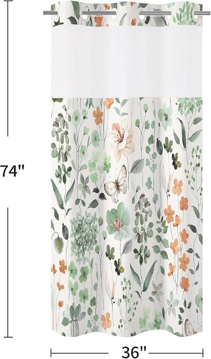 No Hook Sage Green Watercolor Floral Shower Curtain and Liner Set, 36x74 | Spring Flower Shower Curtains with Snap-in Liner for Farmhouse Bathroom Decor, Botanical Bathroom Curtain with Leaves