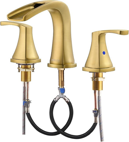 Waterfall 2 Handle Widespread Roman Tub Faucet Brushed Gold | 3 Hole Deck Mount Bathtub Filler with Valve & Supply Lines