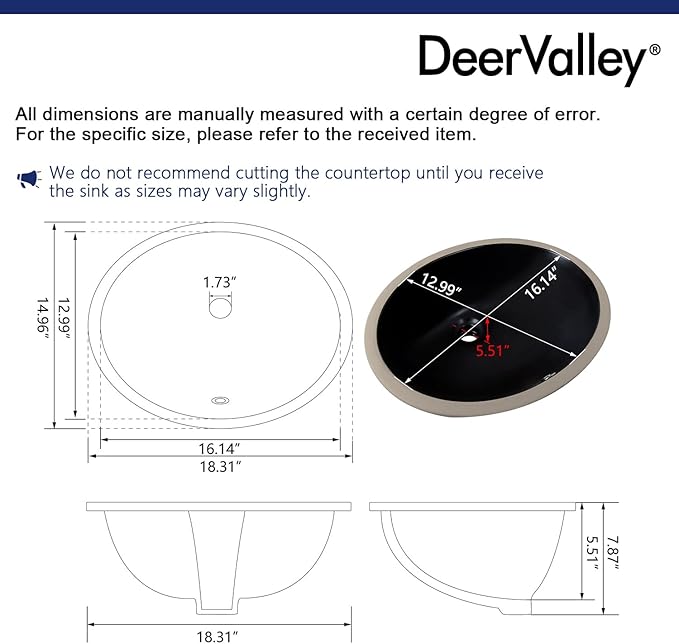 DeerValley DV-1U303B Black Undermount Bathroom Sink 18'' x 15'' Oval Ceramic Sink Bathroom Vessel Sink with Overflow Hole