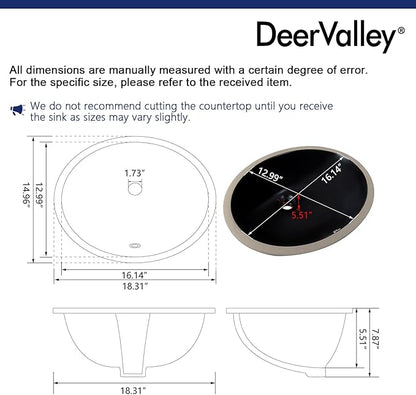 DeerValley DV-1U303B Black Undermount Bathroom Sink 18'' x 15'' Oval Ceramic Sink Bathroom Vessel Sink with Overflow Hole