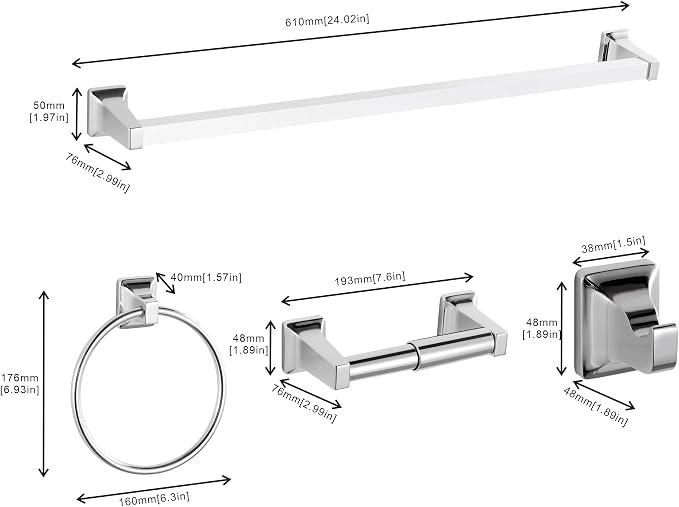 4 Pieces Bathroom Hardware Accessories Set, Stainless Steel 24 inch Towel Bar, Towel Rack, Robe Hook, Toilet Paper Holder for Bathroom Wall Mounted (Chrome)
