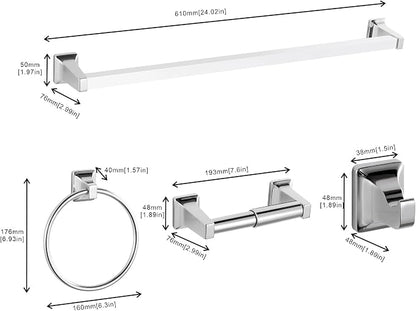 4 Pieces Bathroom Hardware Accessories Set, Stainless Steel 24 inch Towel Bar, Towel Rack, Robe Hook, Toilet Paper Holder for Bathroom Wall Mounted (Chrome)