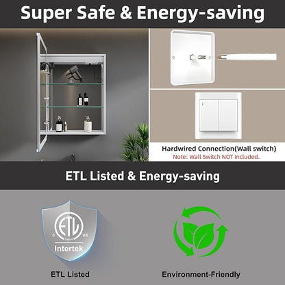 Medicine Cabinet with LED Lights and Mirror, 24 x 30 Inch Surface or Recessed Mounted Bathroom Cabinets with Door, Defogger, Memory Function, 3-Color Mode, Outlet&USB, Dimmer, Storage Shelf
