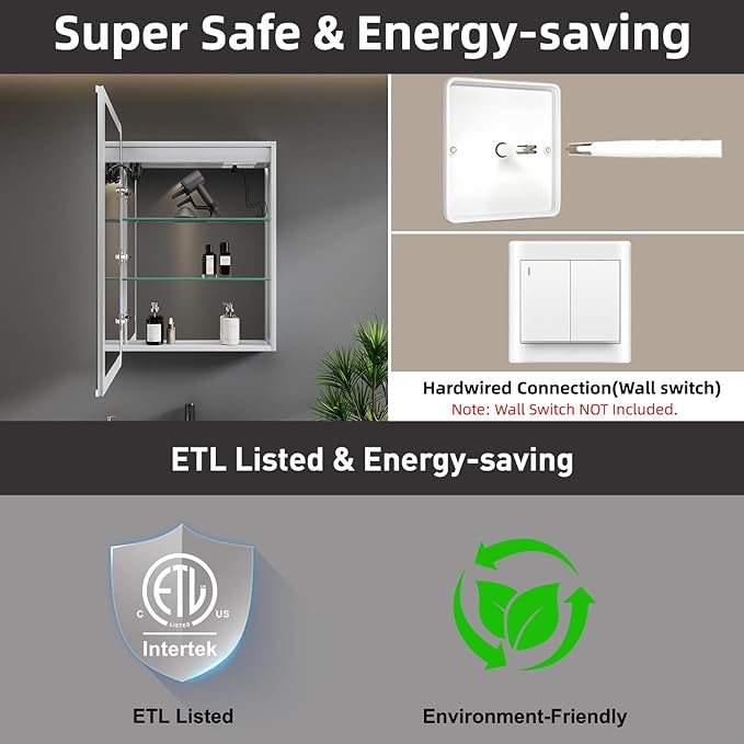 Medicine Cabinet with LED Lights and Mirror, 16 x 24 Inch Surface or Recessed Mounted Bathroom Cabinet with Door, Defogger, Memory Function, 3-Color Mode, Outlet&USB, Dimmer, Storage Shelf