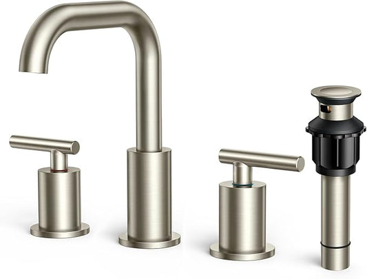 FORIOUS Brushed Nickel 8 Inch Widespread Bathroom Faucet for 3 Hole Sink, 2 Handles 360° Swivel Bathroom Sink Faucet with Pop Up Drain and Hoses, for Vanity Restroom RV Lavatory