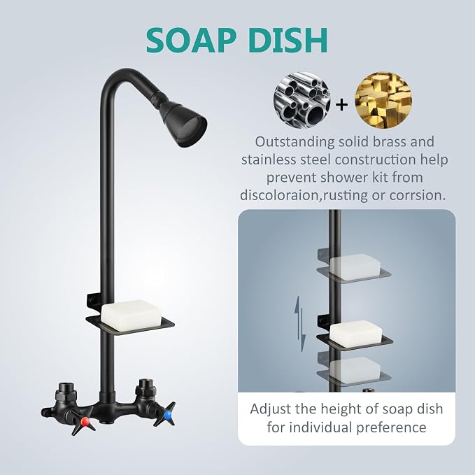 Aolemi Outdoor Shower Kit,2-Handle with Soap Dish,Matte Black | Solid Brass Showerhead and Valve,SUS304 Riser,6-Inch Centers,Soap Dish,Reversible Upward/Downward Exposed Shower Install