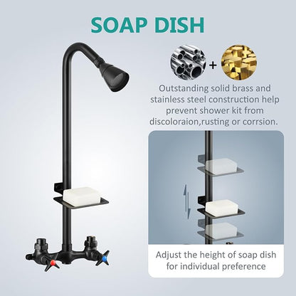 Aolemi Outdoor Shower Kit,2-Handle with Soap Dish,Matte Black | Solid Brass Showerhead and Valve,SUS304 Riser,6-Inch Centers,Soap Dish,Reversible Upward/Downward Exposed Shower Install