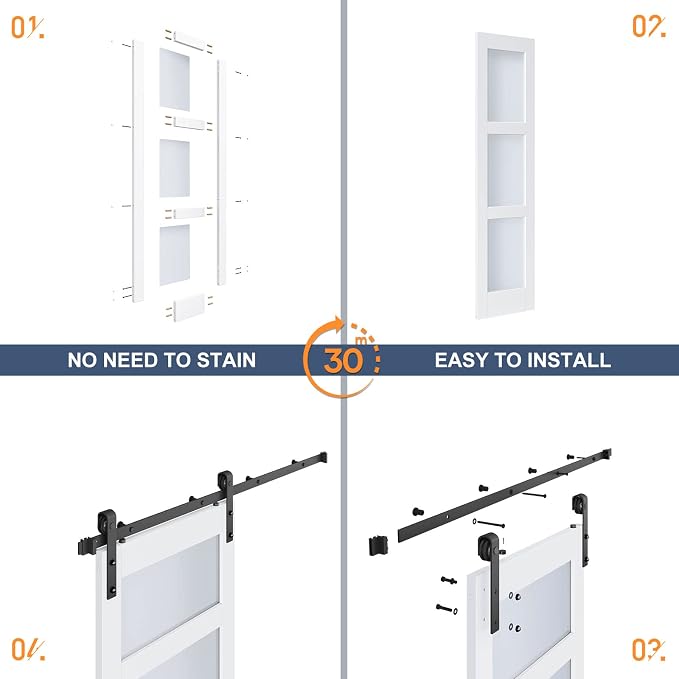 Double 21×84 Inch Glass Barn Door Slab and 7ft Hardware Kit Included, 3 Frosted Glass, LVL Wood Panel Covered with White Water-Proof Scratch-Proof PVC Surface, Simple DIY Assembly