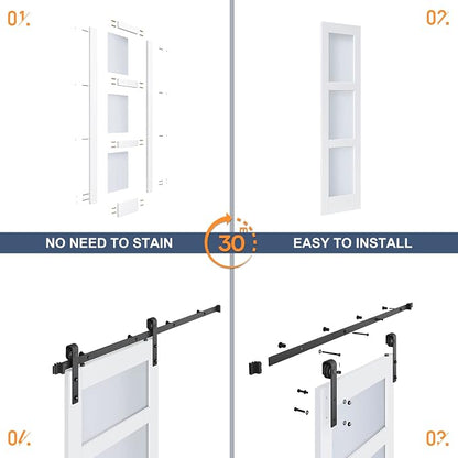Double 21×84 Inch Glass Barn Door Slab and 7ft Hardware Kit Included, 3 Frosted Glass, LVL Wood Panel Covered with White Water-Proof Scratch-Proof PVC Surface, Simple DIY Assembly