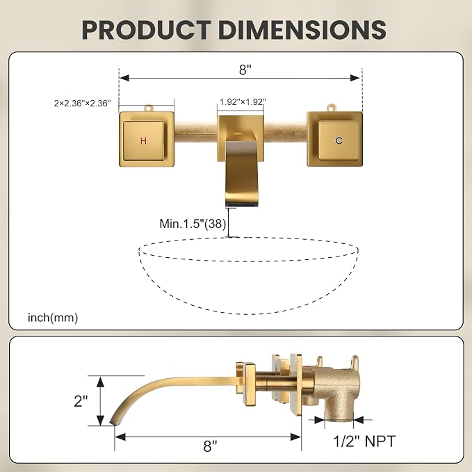 Wall Mounted Bathroom Sink Faucet, Brushed Gold Bathroom Faucet | Waterfall Bathroom Sink Faucet with Two Handles, Controllable Heat and Cold, Solid Brass Wall-Mount Washroom Faucets