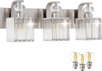 Modern Bathroom Vanity Light, 3-Light Nickel Bathroom Lighting Fixtures Over Mirror, 20.5" Crystal Wall Light Sconce for Bathroom/Bedroom/Vanity, Includes LED Bulbs, Easy Installation