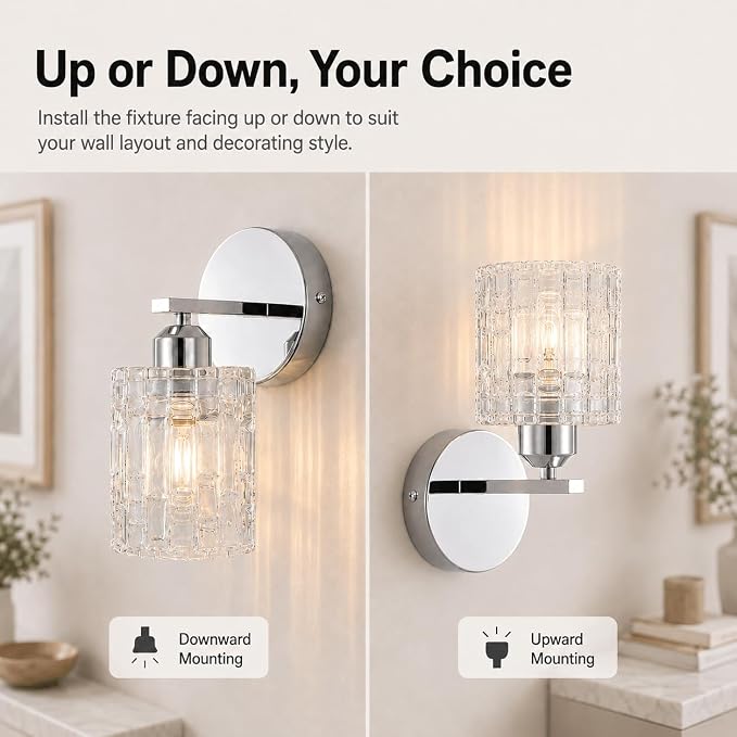 Modern 1-Light Crystal Vanity Light, Chrome Bathroom Light Fixture Over Mirror, Wall Mount for Bathroom, Bedroom, Living Room, Hallway