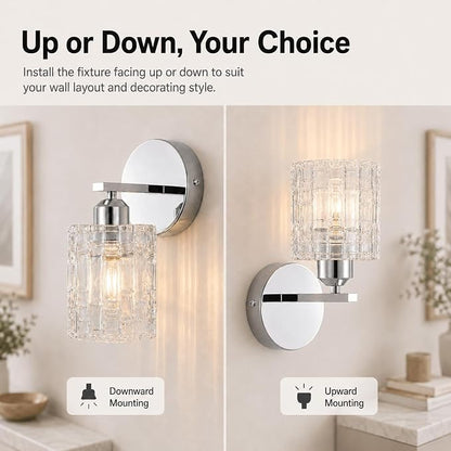 Modern 1-Light Crystal Vanity Light, Chrome Bathroom Light Fixture Over Mirror, Wall Mount for Bathroom, Bedroom, Living Room, Hallway