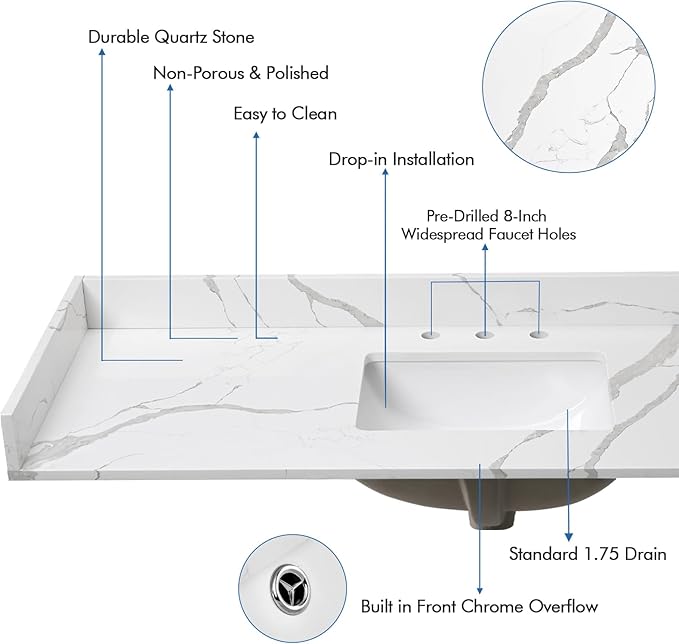 60 in.W x 22 in.D Quartz Calacatta River Vanity Top,with Undermount Middle Sink Vanity Top,with Two Sidesplash & One Backsplash,8 Inch Faucet Hole Spread Bathroom Vanity Sink Countertop